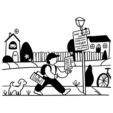 A child wearing a cap and a backpack is walking along a neighborhood sidewalk, holding a stack of "Lost Dog" flyers in one hand. The child is pinning a flyer to a lamp post, with some flyers already attached to nearby trees and mailboxes. There are houses with picket fences in the background, and a friendly dog is watching the child from a distance. A few colorful flowers are blooming along the sidewalk, and a bicycle is leaning against a fence nearby.