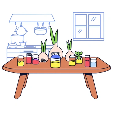 A rustic wooden table is set in a kitchen scene. On the table, there are several allium bulbs with green shoots emerging from them. Surrounding the bulbs are small jars filled with various spices, including red paprika, yellow turmeric, and green basil. The background features simple kitchen elements, such as a hanging pot and a cutting board. Natural light streams in from a window, casting soft shadows across the table.