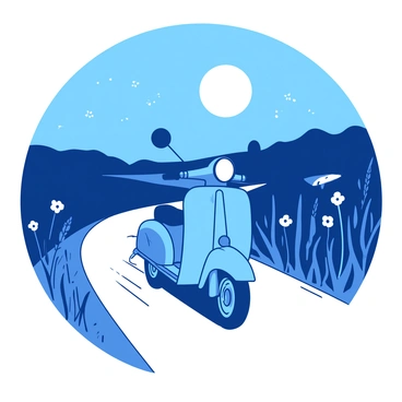 A moped cruising down a moonlit road in the countryside, surrounded by fireflies