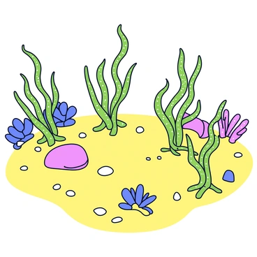 A detailed view of the seabed with soft, golden sand. Various kelp roots are anchored firmly into the sand, their long, flowing tendrils extending upward. The kelp has a vibrant green color, and the interaction between light and water creates a shimmering effect on its surface. Small pebbles and shells are scattered across the seabed, adding texture to the scene. Occasional patches of coral can be seen in the background, providing a contrast to the sandy floor and the green kelp.