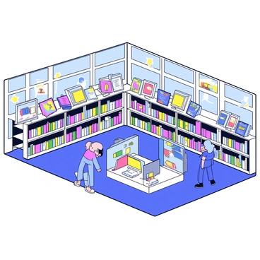 A library with large shelves filled with colorful digital books. Each digital book has a screen displaying vibrant cover art. In the center of the library, there are several interactive learning stations, each equipped with touch screens and vibrant graphics. The walls of the library are decorated with illustrations of books and educational themes. Large windows let in bright sunlight, illuminating the modern design of the space.