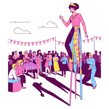 A tall stilt walker dressed in a vibrant costume is entertaining a crowd. The stilt walker has brightly colored stilts, adorned with patterns of alternating colors. Below, a gathering of captivated spectators watches in awe, with expressions of joy and excitement on their faces. The background features festive decorations, enhancing the lively atmosphere of the scene. The sunlight casts playful shadows on the ground as the stilt walker performs.