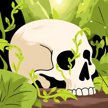 A skull resting on the forest floor, partially covered by lush green rainforest foliage. The skull has intricate details, showcasing the texture of the bone. Creepers and vines intertwine around the skull, with small leaves and tendrils enhancing the natural look. Sunlight filters through the dense canopy overhead, casting dappled light on the scene. Small insects can be seen crawling over the foliage, adding life to the composition.