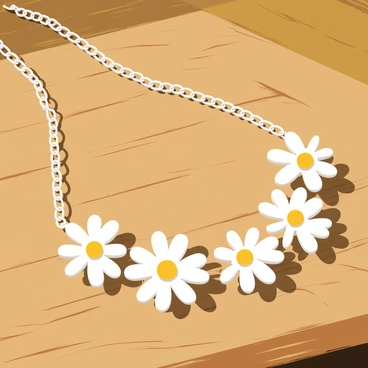 A handmade necklace featuring white daisies made of clay with yellow centers, draped elegantly over a rustic wooden table. The wooden table has visible grain patterns, with a slightly weathered texture. The daisies are intricately crafted and arranged in a symmetrical pattern along the chain, which is a delicate silver tone. Natural light filters in, casting soft shadows of the necklace onto the table's surface, enhancing the necklace's details.