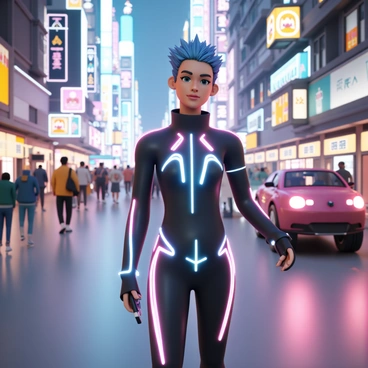 A futuristic toyotaro character navigating through a neon-lit cyberpunk city