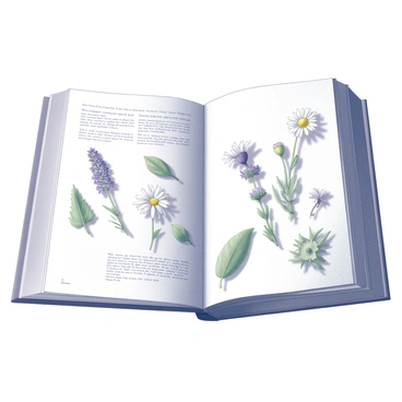 An open herbarium page displaying several pressed flowers arranged in a visually appealing manner. The flowers include small daisies, delicate lavender sprigs, and various green leaves that are skillfully pressed to preserve their shape. Next to the flowers, there is a section featuring handwritten notes in a botanical font, describing each specimen's name and details. The overall layout appears organized, with careful spacing between the flowers and text for clarity. The page has a slightly aged texture, adding to the authenticity of the herbarium presentation.