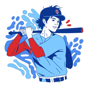 A blue and red illustration of Shohei Ohtani in a dynamic batting pose, wearing his team jersey. He is holding a bat over his shoulder, with a determined expression on his face. In the background, there are abstract bold patterns in both blue and red, creating a lively atmosphere. The patterns swirl around him, enhancing the energy of the scene. His hair is slightly tousled, and the sunlight glints off his helmet, adding to the sense of movement.