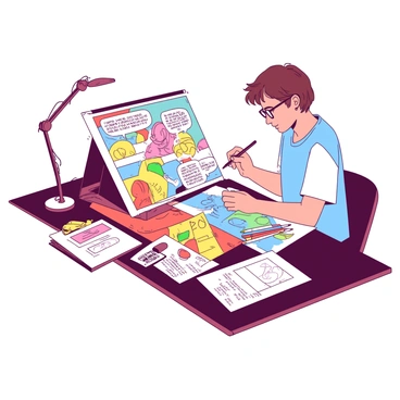 An artist working on creating a colorful comic strip at a drafting table
