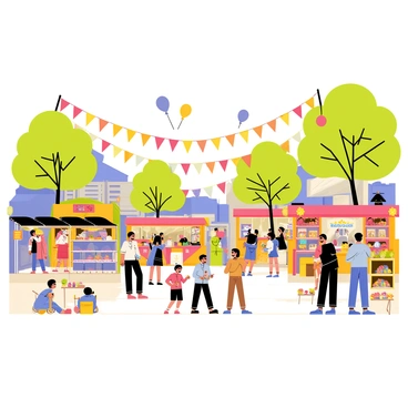 A lively village festival scene filled with various colorful banners strung between the trees. There are several vendors with brightly decorated booths selling an array of goods, including fruits, handmade crafts, and textiles. People of all ages are gathered, some chatting and laughing, while others sample delicious treats. In the foreground, a group of children is playing, while adults browse the stalls. The atmosphere is festive and bustling, with balloons floating in the air above the scene.