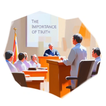 A courtroom scene featuring a witness standing at a wooden podium, speaking confidently. The witness is a middle-aged person with short brown hair, dressed in a formal outfit, looking earnest as they share their account. In the background, a judge sits at the bench, wearing a black robe, observing attentively. There are several jurors seated to the side, all looking focused on the witness. A large banner hangs in the courtroom with the words "The Importance of Truth" displayed prominently in clear letters. The overall atmosphere conveys a sense of seriousness and gravity.