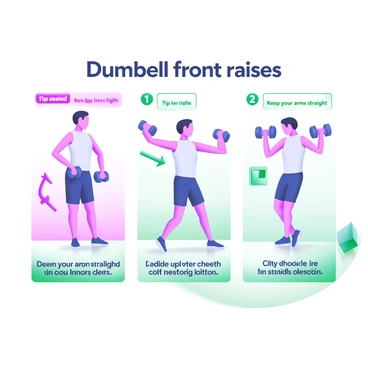 A modern pastel illustration depicting a step-by-step visual guide on performing "dumbbell front raises." The first panel shows a person standing upright, holding a dumbbell in each hand at their thighs, with an arrow indicating the starting position. The second panel illustrates the same person lifting the dumbbells straight up in front of them to shoulder height, with a tip box highlighting "keep your arms straight." The third panel shows the person lowering the dumbbells back to the starting position, with an arrow indicating the movement. Each panel features clear labels for each step, and additional icons representing proper posture and breathing techniques are included alongside the illustrations.