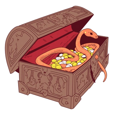 An orange snake skeleton is intricately intertwined with shimmering gold and silver coins inside an ancient wooden treasure chest. The chest is adorned with ornate carvings, displaying intricate designs of mythical creatures and floral patterns. The coins are scattered throughout, reflecting light and creating a glimmering effect. The snake skeleton's bones are delicately arranged, showcasing its elongated form as it wraps around the glinting treasure. The interior of the chest is lined with faded red velvet, adding a touch of elegance to the scene.