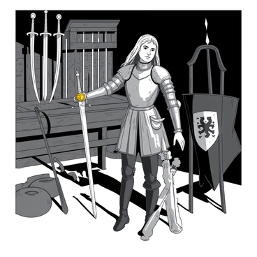 A historical scene depicts "Jeanne d'Arc" standing confidently inside a medieval armory. She is dressed in shimmering silver armor that reflects the light around her. Surrounding her are numerous weapons displayed on wooden racks, including "swords" with intricately designed hilts and "shields" emblazoned with heraldic symbols. Jeanne is reaching for a "sword" with a golden pommel, while a "crossbow" and "spears" are positioned behind her. The armory is dimly lit, with soft shadows enhancing the textures of the stone walls and wooden furniture, creating a dramatic atmosphere.
