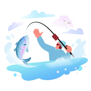 A fisherman in a blue shirt is pulling a shimmering fish out of the water with a fishing rod. The fish has vibrant scales that reflect various colors. Waves are crashing around the fisherman, creating splashes of white foam. The sea is a gradient of deep blue and light turquoise. Seagulls can be seen flying in the background, and the sky above is filled with soft pastel clouds.