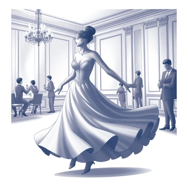 A graceful woman is twirling in a grand ballroom. She is wearing an elegant ball gown that flows beautifully as she spins. The gown features intricate detailing, with layers of fabric that create volume and movement. The ballroom itself has high ceilings adorned with ornate chandeliers, casting soft light across the polished floor. The walls are decorated with lavish molding and large mirrors reflecting the scene. Other guests in the background are dressed formally, enjoying the atmosphere of the event.