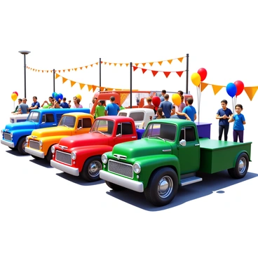 A collection of vintage large trucks in various colors and designs, parked side by side at a community car show. Each truck features distinct characteristics such as shiny chrome bumpers and detailed paint jobs. The scene includes people admiring the trucks, with some taking pictures and others engaging in conversations. Bright banners and balloons decorate the event, adding a festive atmosphere. The sun casts a warm light, highlighting the polished surfaces of the trucks.