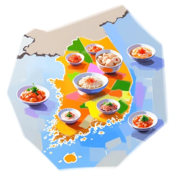 A detailed map of South Korea, featuring distinct regions marked with illustrations of popular Korean dishes. In the northwest, a depiction of "kimchi" is placed in the area known for its traditional production. To the southeast, "bibimbap" is illustrated, representing the culinary heritage of that region. In the southwest, "jokbal," a dish of braised pig's trotters, is shown, while in the central region, illustrations of "tteokbokki" are depicted. The map includes various other regions, each showcasing their local specialities, with vibrant colors and intricate details highlighting the diversity of Korean cuisine across the country.
