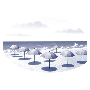 A broad view of an ocean scene with a sandy beach. Various beach umbrellas are arranged in an organized pattern, each featuring distinct patterns and designs. The ocean is visible in the background, with waves crashing vigorously against the shore, creating splashes of foam. The sky above is expansive, with a few clouds scattered across. The scene captures the vibrant atmosphere of a sunny beach day.
