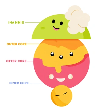 A colorful illustration depicting the Earth's layers in a cartoon style. The top layer is a vibrant green with a smiling face representing the crust, surrounded by fluffy white clouds. Below it, the mantle is shown in a swirling pattern of orange and yellow, also featuring a cheerful face. The outer core is illustrated in a bright red with animated eyes and a wide grin. Finally, the inner core appears as a shiny golden sphere with a joyful expression. Each layer is clearly labeled with its name in bold, playful lettering.