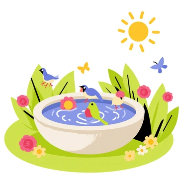 A vibrant garden scene featuring a circular stone bird bath bowl in the center. Several colorful birds, including blue jays and sparrows, are joyfully splashing in the water, creating ripples. Lush green plants and flowers, including red roses and yellow daisies, surround the bird bath, adding pops of color to the scene. The sun is shining brightly, casting cheerful light across the garden. A butterfly flits nearby, adding to the lively atmosphere of the setting.