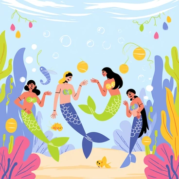 A vibrant underwater festival scene featuring several merfolk wearing colorful costumes adorned with seashells and shimmering scales. Some merfolk are engaged in dance, showcasing their intricate outfits, while others are playfully interacting with sea creatures like fish and seahorses. Brightly colored coral reefs serve as a backdrop, decorated with flowing ribbons and glowing lanterns that illuminate the water. Bubbles rise to the surface, creating a lively atmosphere filled with excitement and joy.