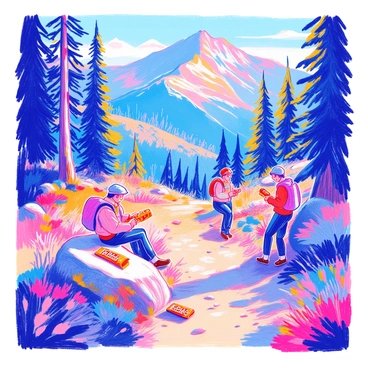 A beautiful mountain trail winds through towering pine trees, with rocky terrain and patches of wildflowers. Several hikers are scattered along the path, taking a break. One hiker sits on a boulder, unwrapping a "KitKat" bar while smiling at their friends. Another hiker stands nearby, holding a "KitKat" bar and chatting animatedly. The sun filters through the branches, casting dappled light on the scene. In the background, majestic peaks rise against a clear blue sky.
