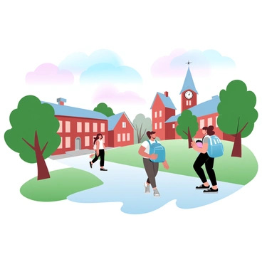 Students are walking across a university campus that features several red-brick buildings. The students are carrying books and backpacks, and they are engaged in conversation as they stroll along the pathways. Lush green trees line the walkways, providing shade to the students. A large clock tower is visible in the background, adding to the academic atmosphere of the scene. The sky above is a gradient of pastel colors, blending soft blues and pinks.