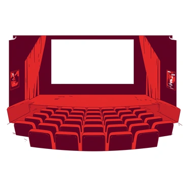 A large, empty cinema hall features rows of red seats arranged neatly in ascending order. The seats are plush and have a velvety texture, creating a rich appearance. At the front of the hall, there is a blank screen that stretches across the stage, reflecting the dim lighting of the room. The walls of the cinema are adorned with subtle detailing, enhancing the overall ambiance. The floor is polished, lending a glossy finish that contrasts with the red seats. In the background, there are faint outlines of movie posters, hinting at past showings.