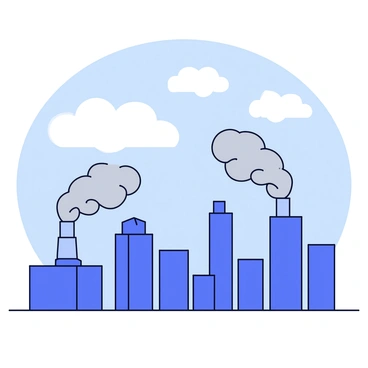 A city skyline featuring several tall buildings with a sleek design. In the foreground, there are a few industrial smokestacks that are releasing white and gray smoke into the atmosphere, clearly visible against the backdrop of the buildings. The sky above is a light blue, with some wispy clouds. The buildings are silhouetted by the smoke rising, creating a contrast between the urban structures and the emissions.