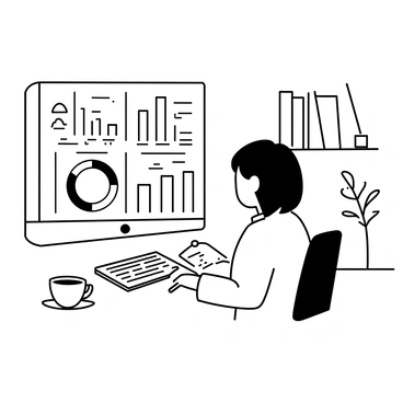 A researcher sitting at a desk, focused on a computer screen displaying various charts and graphs. The researcher is wearing a white lab coat and has a notepad with a pen next to the keyboard. The screen shows bar graphs, pie charts, and line graphs, all representing questionnaire data. The room is filled with bookshelves containing scientific literature and a plant in the corner. A cup of coffee rests on the desk beside the notepad.
