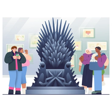The Iron Throne is displayed prominently in a museum setting, made of dark, jagged iron swords intricately fused together. Visitors of diverse backgrounds are gathered around it, admiring its craftsmanship. A woman with curly brown hair is taking photographs, while a man in a black jacket leans closer to inspect the details of the throne. In the background, there are glass cases showcasing historical artifacts and illuminated displays. The museum's walls are painted a soft gray, and the ambient lighting highlights the throne, casting subtle shadows around it.