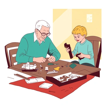 A teal grandfather with glasses is sitting at a wooden table, carefully assembling a model ship with small tools and pieces scattered around. He has a focused expression on his face as he places the final pieces together. Next to him, a blonde grandchild is sitting on a red carpet, holding a black video game controller, with excitement on their face while staring at a gaming console. The room is filled with warm light, creating an inviting atmosphere for both activities. On the table next to the grandfather, there is an open box with model ship parts and a small completed ship.