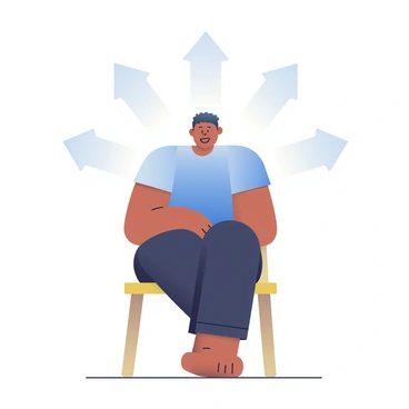 A person with medium skin is sitting upright on a wooden chair. The person is wearing a blue t-shirt and black jeans. They have short hair and a focused expression. Above the chair, four arrows are drawn pointing upwards, clearly indicating the chair's normal force. The chair has a simple design with a solid backrest and wooden legs. The floor beneath the chair is a light color, providing contrast to the darker furniture.