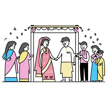 A traditional Bengali wedding ceremony takes place outdoors under a beautifully decorated canopy. The bride, wearing a red and gold saree with intricate designs, is adorned with traditional jewelry, including a floral tiara. The groom, dressed in a white kurta with gold accents and a cream-colored dhoti, stands beside her, holding her hand. Surrounding them are family members, including women in colorful sarees and men in traditional attire, all engaged in joyful celebration. Some family members are throwing flower petals while others are smiling and clapping. The atmosphere is filled with vibrant colors and rich cultural elements.
