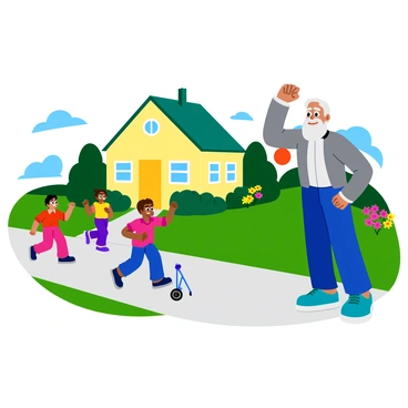 An elderly man with a bushy white beard and deep lines on his forehead is standing outside a quaint house. He has a scowl on his face, showcasing his disapproval. His wrinkled hand is raised as he shakes his fist at a group of children playing joyfully on the sidewalk. The kids are running and laughing, with one child bouncing a red ball and another riding a small blue bicycle. Lush green grass surrounds the area, and colorful flowers bloom in the garden nearby.