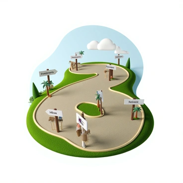 A winding path with a textured surface that represents a person's financial journey. Along the path, there are several distinctive milestones, each marked with a signpost. The first milestone is labeled "Savings," featuring a symbol of a piggy bank. The second milestone is labeled "Investments," represented by a small stack of coins. The third milestone is labeled "Home Purchase," indicated by a small house icon. The final milestone is labeled "Retirement," shown with a palm tree and a beach chair. The surrounding environment includes lush green grass and a clear blue sky.