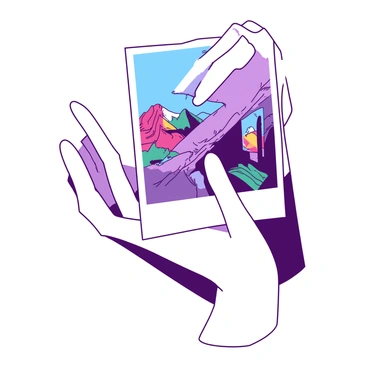 A white hand is holding a photograph that is displaying a vibrant scene, but parts of the image are becoming transparent and fading away. The edges of the photograph are slightly curled, suggesting age. The hand is positioned in a way that the viewer can see the details of the fading areas, where colors are transitioning from bold to soft. In the background, there is a blurred hint of a contrasting color that enhances the focus on the photograph.