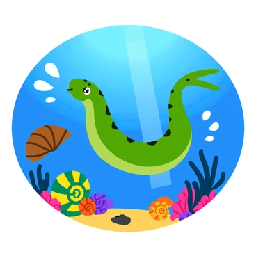 A moray eel with a long, slender body and distinctive spots swims gracefully through a vibrant underwater scene. Surrounding the eel, there are various ancient marine creatures, such as a large trilobite with a segmented shell and a couple of colorful ammonites with swirling patterns on their shells. The ocean floor is covered with intricate corals and small rocks scattered about. Rays of light filter down from the surface, illuminating the lively underwater environment. Bubbles rise around the eel as it navigates through the diverse marine life.