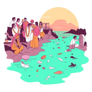 A teal sacred Ganges river flows gently, surrounded by a vibrant scene of people performing rituals along the banks. Individuals dressed in traditional attire are gathered, some holding orange flower garlands and offering them to the water. In the river, various pieces of plastic waste float alongside the offerings, creating a stark contrast with the colorful flowers. The sun is setting in the background, casting warm light over the scene, while the water reflects the hues of both the rituals and the waste.