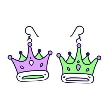 A pair of earrings shaped like miniature crowns. Each crown features ornate details, including small peaks and curves that mimic the design of a royal crown. The earrings are adorned with tiny jewels, each one glistening in the light. The crowns are suspended from delicate hooks, allowing them to dangle elegantly. The background is softly blurred, emphasizing the intricate details and shine of the crowns and jewels.