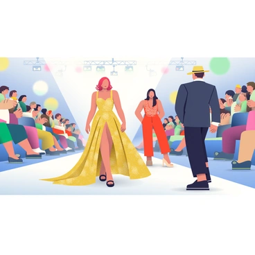 A fashion catwalk is set in a large, brightly lit auditorium. Several models are strutting down the runway, showcasing extravagant, high-fashion outfits. The first model is wearing a long, flowing gown made of shimmering gold fabric with a dramatic train that sweeps behind her. The second model is dressed in a vibrant red jumpsuit adorned with intricate beadwork. Another model sports a tailored black suit with a wide-brimmed hat, adding a touch of sophistication. The audience is seated in rows, with flashes from cameras capturing the event. Colorful lights illuminate the runway, creating striking shadows and highlights on the outfits.