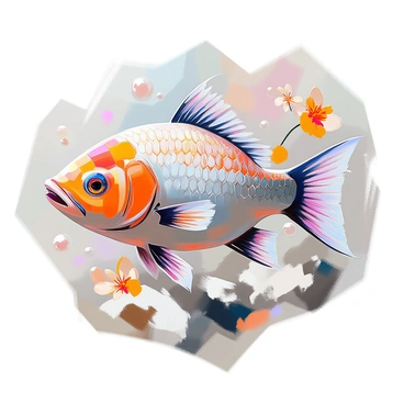 A traditional fish tattoo design featuring a large fish, elegantly detailed with bold black outlines. The fish has intricate scales, fins, and a prominent tail, showcasing a vibrant pattern. Surrounding the fish are decorative elements such as swirling waves, stylized bubbles, and floral motifs, enhancing the overall composition. The design emphasizes the fluidity and grace of the fish in motion.