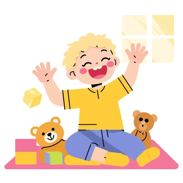 A toddler with curly blonde hair is laughing energetically, their eyes squeezed shut in joy. The toddler is sitting on a colorful playmat surrounded by various toys, including a plush bear and building blocks. Sunlight streams in from a nearby window, casting a warm glow on their cheerful face. The toddler's cheeks are flushed with happiness, and their small hands are raised in the air, emphasizing their delight.