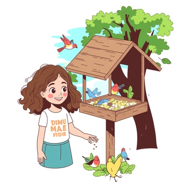 A young girl with curly brown hair is standing in front of a rustic wooden bird feeder. The bird feeder is filled with various seeds and surrounded by colorful birds. The girl is smiling as she holds a small handful of seeds in her outstretched hand, attracting the birds. Sunlight filters through the leaves of nearby trees, casting soft shadows on the ground. The scene is lively with birds fluttering around the feeder and a few perched on the edges.