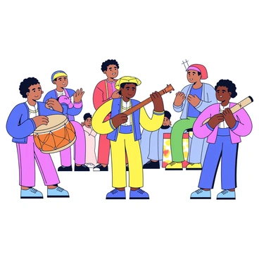 A group of musicians is performing at a Sahelian music festival. One musician is playing a large, round tam-tam drum, with their hands striking the surface rhythmically. Another musician is holding a traditional stringed instrument, resembling a lute, with intricate designs on its body. A third musician is playing a wooden flute, their fingers deftly moving along the holes. The musicians are dressed in colorful traditional attire, with flowing fabrics and accessories that reflect the culture. In the background, there are people gathered, enjoying the performance and clapping along to the music.