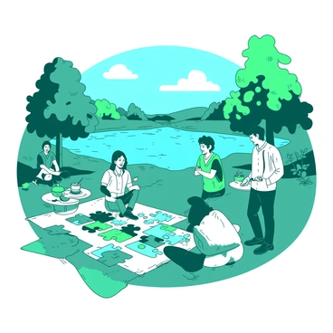 A teal outdoor setting showcases a group of professionals engaged in a team-building activity. In the foreground, there are four individuals working together to solve a giant puzzle, with vibrant pieces scattered around them. Behind them, a serene blue lake reflects the clear sky and surrounded by lush green trees. A picnic area is set up nearby, adorned with white blankets and cushions for relaxation. Several individuals are sitting and enjoying refreshments, while others are discussing ideas at a small white table. The atmosphere is lively as laughter and conversation fill the air.