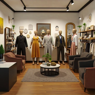 An inviting interior of a second-hand boutique featuring elegant and stylish mannequins dressed in various fashionable outfits. The boutique is adorned with unique decor elements such as vintage mirrors, antique furniture, and colorful wall art. Soft lighting emanates from decorative lamps, creating a warm ambiance. Shelves are filled with various accessories and clothing items, contributing to the eclectic and curated atmosphere of the space. The flooring is wooden, adding to the cozy, welcoming feel of the boutique.