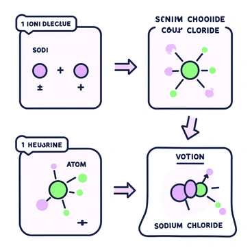 A series of four comic-style panels depicting the process of ionic bonding. In the first panel, two atoms are illustrated on opposite sides, one labeled "sodium" with a single electron in its outer shell, and the other labeled "chlorine" with seven electrons in its outer shell. In the second panel, the sodium atom is shown transferring its single electron to the chlorine atom. The sodium atom now has a positive charge, indicated by a small "+" symbol, while the chlorine atom now has a negative charge, shown with a small "−" symbol. 

In the third panel, the two charged ions are depicted close together, with arrows indicating their attraction to one another due to their opposite charges. The final panel shows the resulting ionic compound, represented as a stable arrangement of the sodium and chloride ions, with a label "sodium chloride" above them. Each panel is framed and features speech bubbles that explain the steps in simple terms.