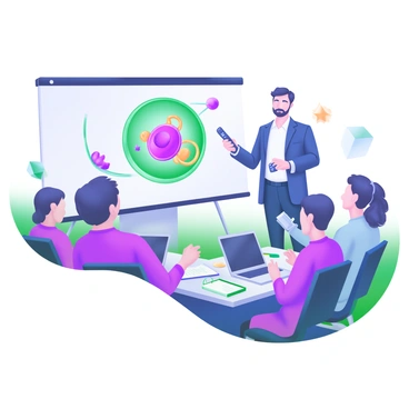 A scientific illustrator stands at the front of a large conference room, presenting their work. The room is filled with an audience, all engaged and looking towards the presenter. The illustrator is wearing a smart blazer and holding a remote control, gesturing towards a large screen behind them. On the screen is a detailed illustration of a cell, showcasing various organelles in vibrant colors. Surrounding the presenter are note-taking materials scattered on tables, and attendees are using laptops and notepads. The atmosphere is filled with curiosity and enthusiasm among the audience members.