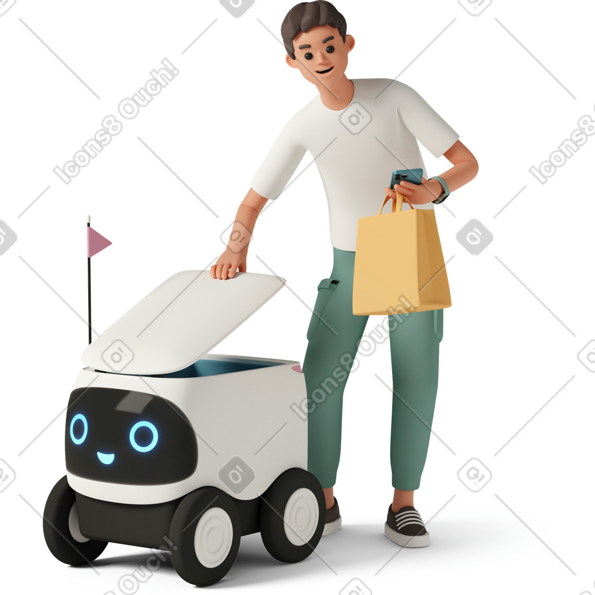 3D Casual life 스타일의 Boy with delivery robot 일러스트레이션 PNG, SVG 다운로드